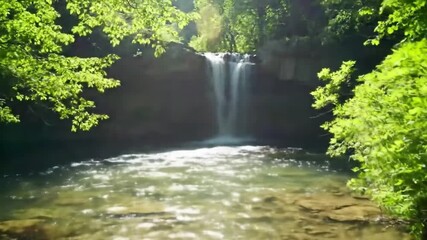 Tranquil waterfall flowing into crystal clear water in lush green forest