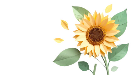 Naklejka premium Digital illustration of a paper sunflower with green leaves, against a stark black background