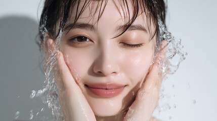 洗顔する美しい女性の美肌と清潔感。美容・コスメ・スキンケア広告用写真