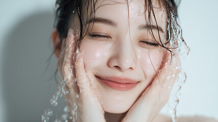 洗顔する美しい笑顔の女性の美肌と清潔感。美容・コスメ・スキンケア広告用写真