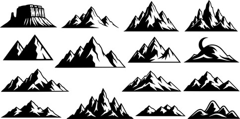 Mountain silhouette. Black outline minimal mountains shape for banner border and scenic backdrop. Isolated vector set, transparent background EPS version.