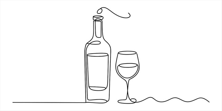Single continuous line art illustration showing a wine bottle and a glass in a minimalist style Vector, illustration