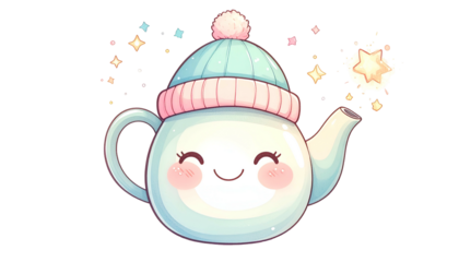 A cute, smiling teapot wearing a winter hat, with sparkling stars around it