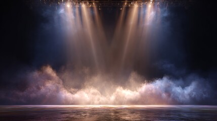 Dramatic stage opening scene with vibrant light effects, swirling smoke, and atmospheric illumination for concert, theater, and event backgrounds