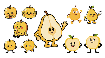 Cute Korean pear character with pear tree leaves in watercolor style for mascot IP and packaging design elements