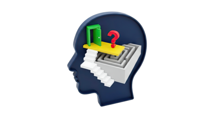 Abstract Head Silhouette with Maze, Stairs, Door, and Question Mark