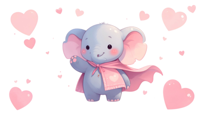 A charming cartoon elephant waving, draped in a pink cape with floating hearts
