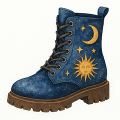 Watercolor illustration of combat boots featuring celestial symbols, including sun and moon, on white background. design evokes sense of whimsy and adventure