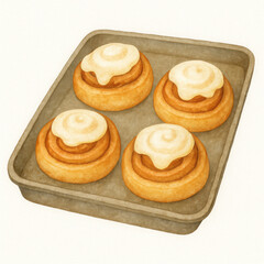 Warm cinnamon buns on old fashioned baking tray create delightful scene. soft, golden pastries topped with creamy icing evoke sense of comfort and indulgence