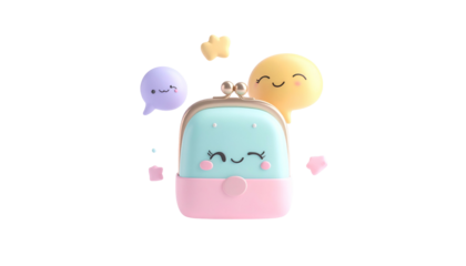 Whimsical 3D rendering of a smiling purse with chat bubbles, isolated on black