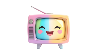 A smiling cartoon television with a rainbow screen and pink casing