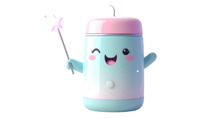 Cute, smiling, cartoon-like character holds a wand, winking with rosy cheeks