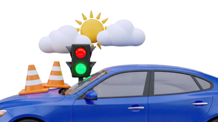 Car, Traffic Light, Cones, Sun, and Clouds