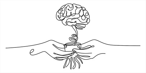 Continuous line drawing symbolizing the growth of ideas and nurturing the mind. Vector, illustration