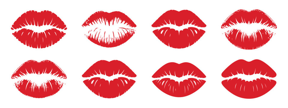 Red kiss lips imprints on white background with realistic texture and smudged lipstick marks for romantic and beauty concepts vector illustration