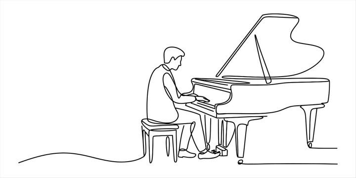 Continuous line drawing of a musician playing a classical grand piano on white background Vector, illustration