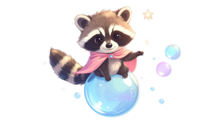 Adorable cartoon raccoon superhero with pink cape and bubbles on transparent background