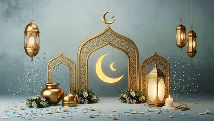 A gold lantern and archway with a crescent moon on a gray background with confetti