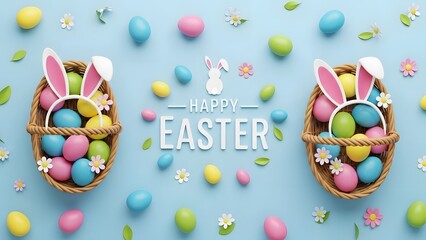 Happy easter celebration with colorful eggs and bunny baskets