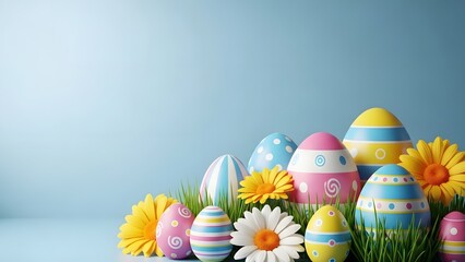 Happy easter eggs and flowers in grass easter celebration decoration