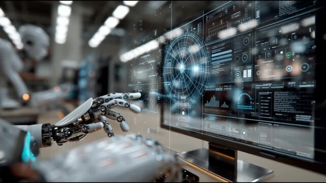 Multimodal AI. Vision language models. Human like cognition. Embodied intelligence. Cross modal learning. A robotic hand interacting with a futuristic computer interface.