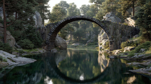 An ancient stone bridge arching over a tranquil lake, reflecting the bridge's curve and surrounding environment. The forest is in the backdrop