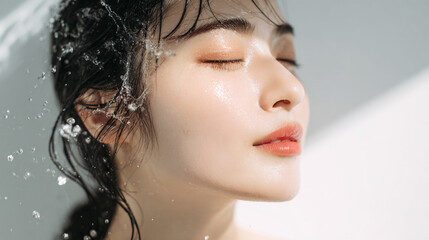 洗顔する美しい女性の美肌と清潔感。美容・コスメ・スキンケア広告用写真