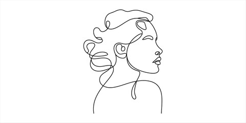 Continuous line art drawing of a minimalist woman's profile portrait on a white background Vector, illustration © Single Line Art