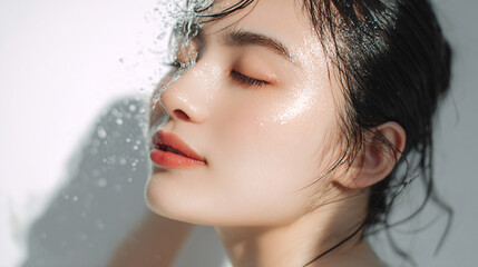 洗顔する美しい女性の美肌と清潔感。美容・コスメ・スキンケア広告用写真