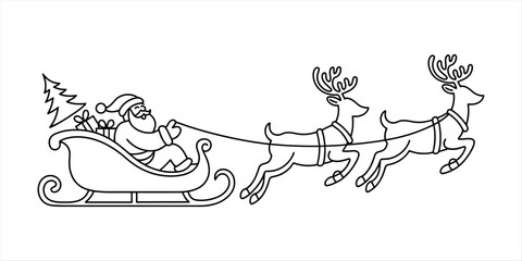 Simple line art illustration of santa claus in a sleigh pulled by reindeer Vector, illustration © Single Line Art