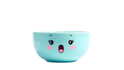 An adorable, animated, teal-colored bowl with a shocked expression on a black background
