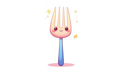A cheerful cartoon fork with a pink face, blue handle, and sparkling stars