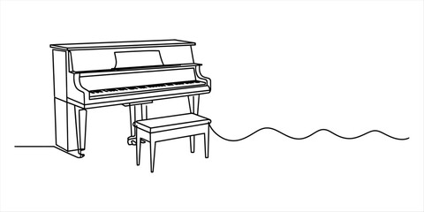 Continuous line art drawing of an upright piano with bench and sound wave Vector, illustration © Single Line Art