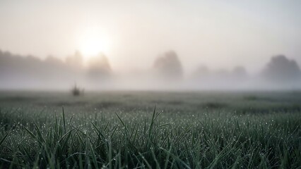 A serene landscape with a misty field and distant sunlight