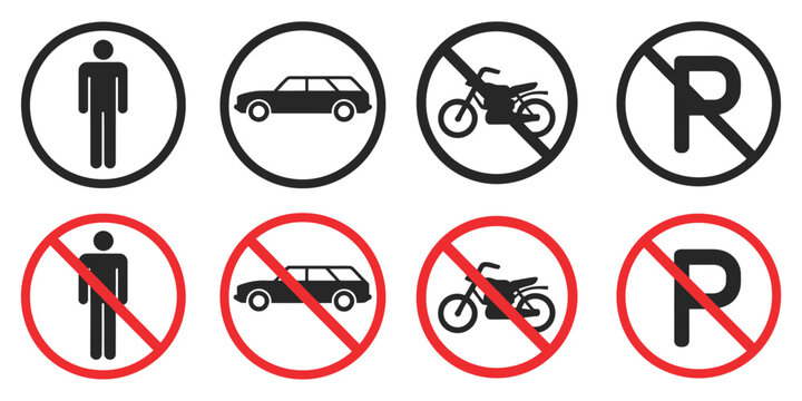 No parking road warning signs showing no cars entry, red circle symbols, traffic restriction markers and vector illustration design.