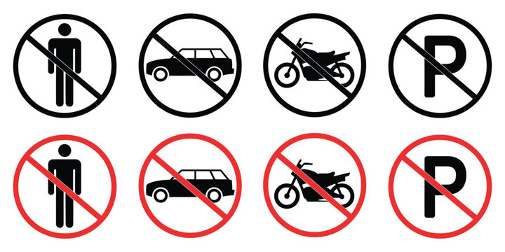No parking road warning signs showing no cars entry, red circle symbols, traffic restriction markers and vector illustration design.