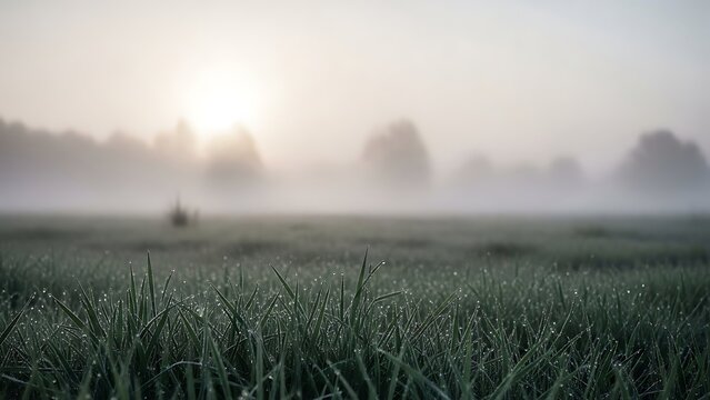 A serene landscape with a misty field and distant sunlight - Powered by Adobe