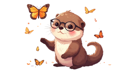 Animated otter wearing glasses, surrounded by monarch butterflies against black