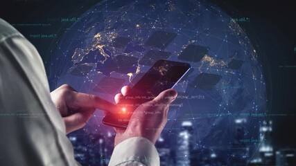 A modern individual engages with a smartphone, highlighting global connectivity and technology amid a digital backdrop of a globe and urban scenery at night. Xenic - Powered by Adobe