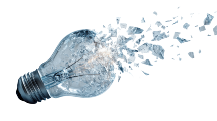 Light bulb exploding into many small glass fragments. Concept symbolizing a broken idea, innovation failure, or creative destruction