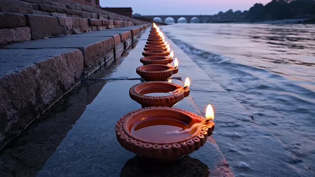 Row of Glowing Diyas on Serene Riverside at Twilight with Gentle Ripples