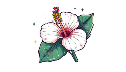 Cartoon hibiscus flower sticker; white petals, red center, green leaves, outline, black bg