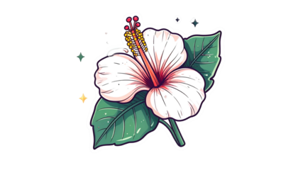 Cartoon hibiscus flower sticker; white petals, red center, green leaves, outline, black bg