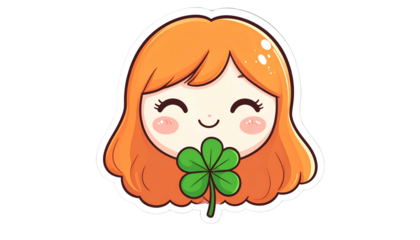 Cute cartoon girl holding a four-leaf clover, smiling broadly, with orange hair