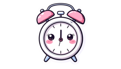 Adorable cartoon alarm clock sticker with a smiling face and pink accents