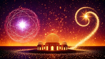 An ornate building with a dome and columns under a starry night sky with swirling lights