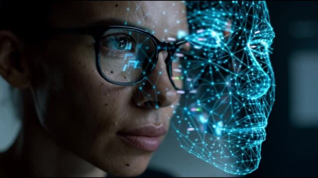 Multimodal AI. Vision language models. Human like cognition. Embodied intelligence. Cross modal learning. A person interacting with a holographic AI-like representation.