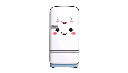 Cartoon white refrigerator with two kawaii faces and pink cheeks on a black background