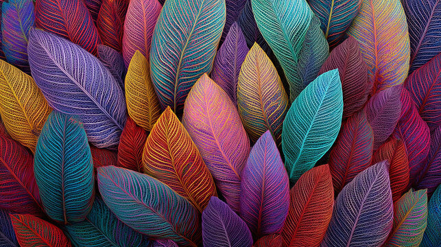 A close-up shot of an array of vividly colored leaves, showcasing a rich tapestry of hues and textures. The image is a striking display of natural beauty