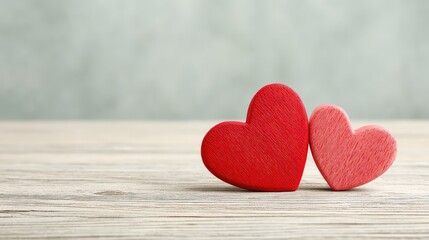 Fototapeta premium Two Red Hearts on Rustic Wood: A sweet and simple Valentine's Day concept featuring two plush red hearts nestled together on a rustic wooden surface, radiating love and affection.